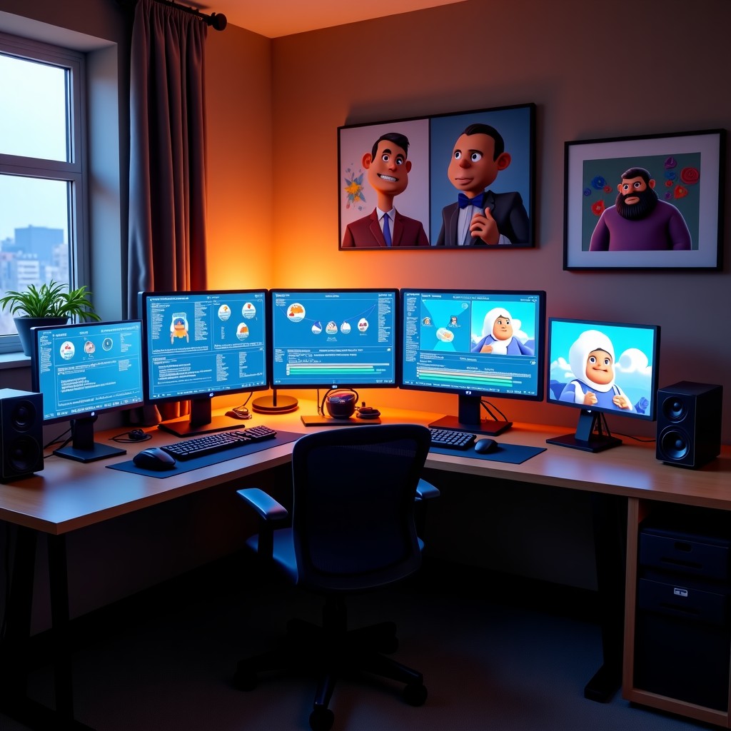 A high-end creative studio with multiple high-resolution monitors showing complex animation timelines and character designs, cozy professional atmosphere, soft cinematic lighting, 4:3