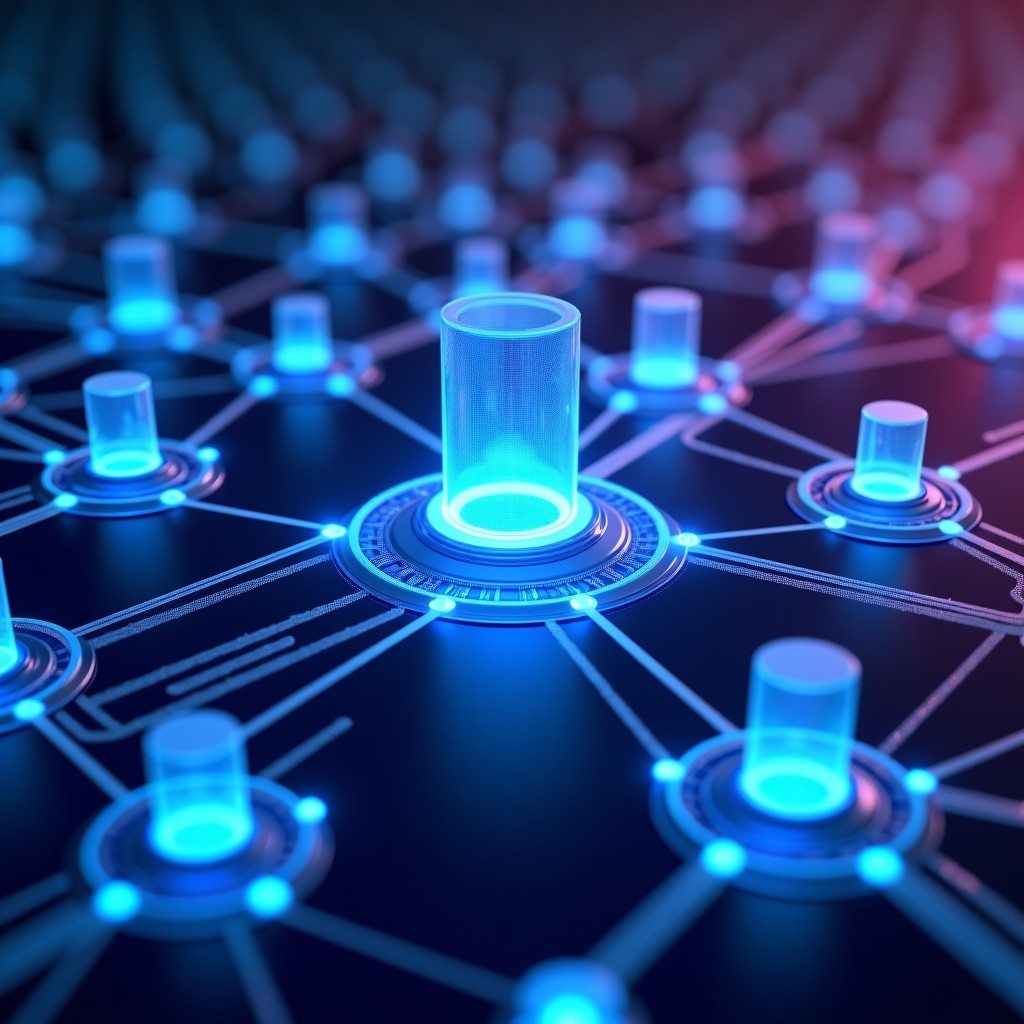 Abstract representation of a futuristic AI framework connecting different digital modules and neural networks in a high-tech laboratory setting. Glowing blue and purple lights, sleek 3D glass elements, cinematic lighting, 4:3
