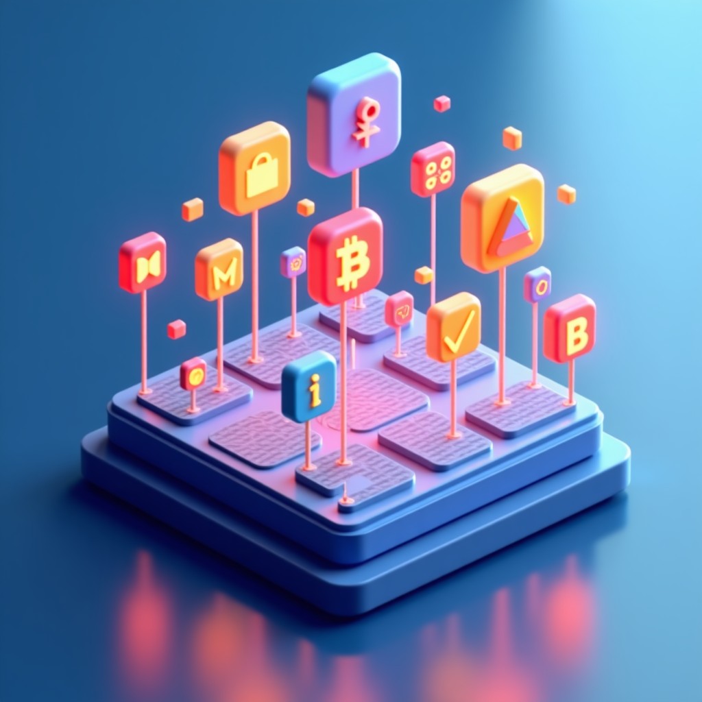 A high-tech digital environment showing various colorful app icons floating in a structured 3D space. Sharp focus, clean infographic style. 1:1