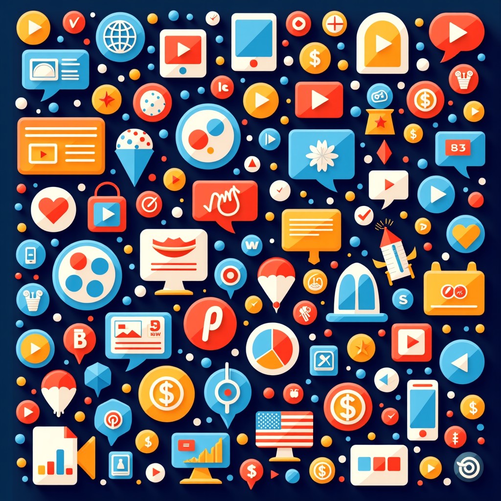 A vibrant collage of various media icons representing movies, news, sports, and cartoons, colorful and dynamic composition, high resolution, artistic rendering, 4:3