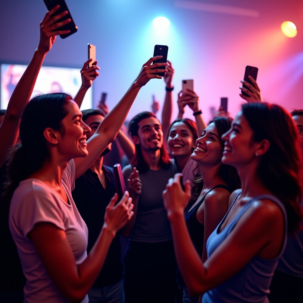 Group of diverse young creators taking selfies and celebrating at a high-end social media event, vibrant atmosphere, 4:3
