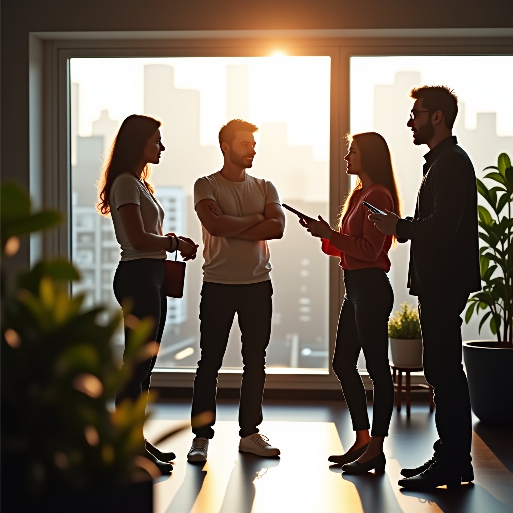 A group of creative professionals discussing ideas in a sunlit modern office with plants and tech gadgets, natural photography, high quality, 4:3