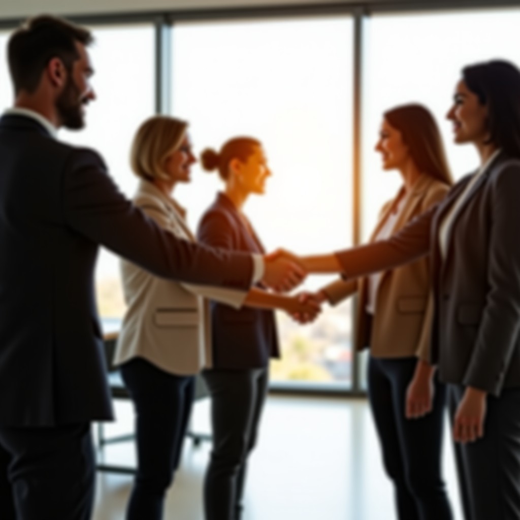 A realistic photo of diverse people reaching out to shake hands in a bright office environment. Focus on the connection and the act of 'reaching out' to symbolize the phrase. Soft natural lighting. 4:3