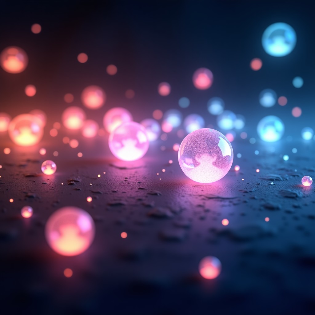 Multiple glowing orbs of different colors representing various AI characters swirling together in a dark space, ethereal light trails, cinematic and artistic representation, 4:3