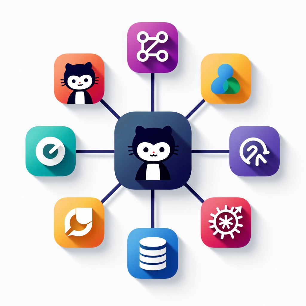 A modern layout showing various app icons like GitHub, Slack, and digital database symbols connected to a central hub, vibrant colors, clean vector style, high quality, 1:1