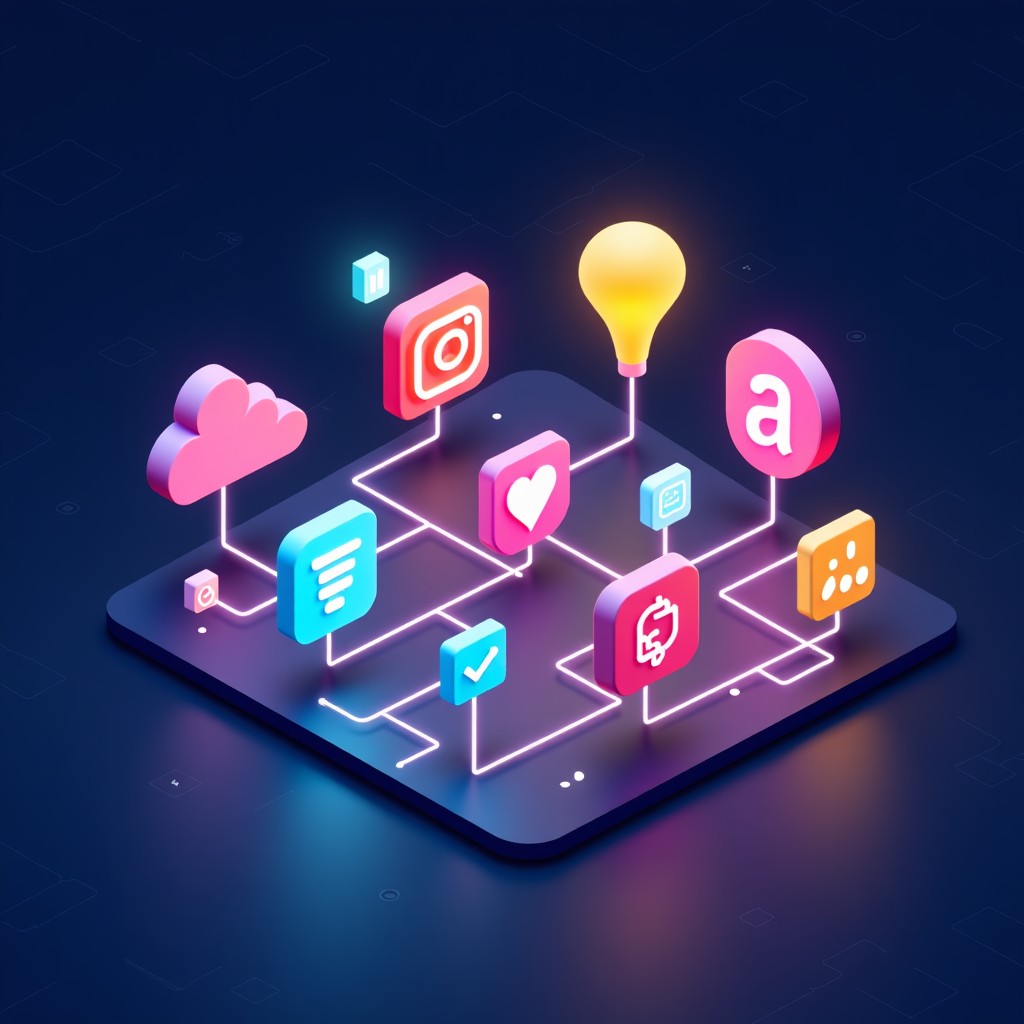 A creative 3D illustration of various social media icons connected by glowing lines on a dark blue background with digital patterns. High tech feel, vibrant colors, clean composition, no text. 4:3