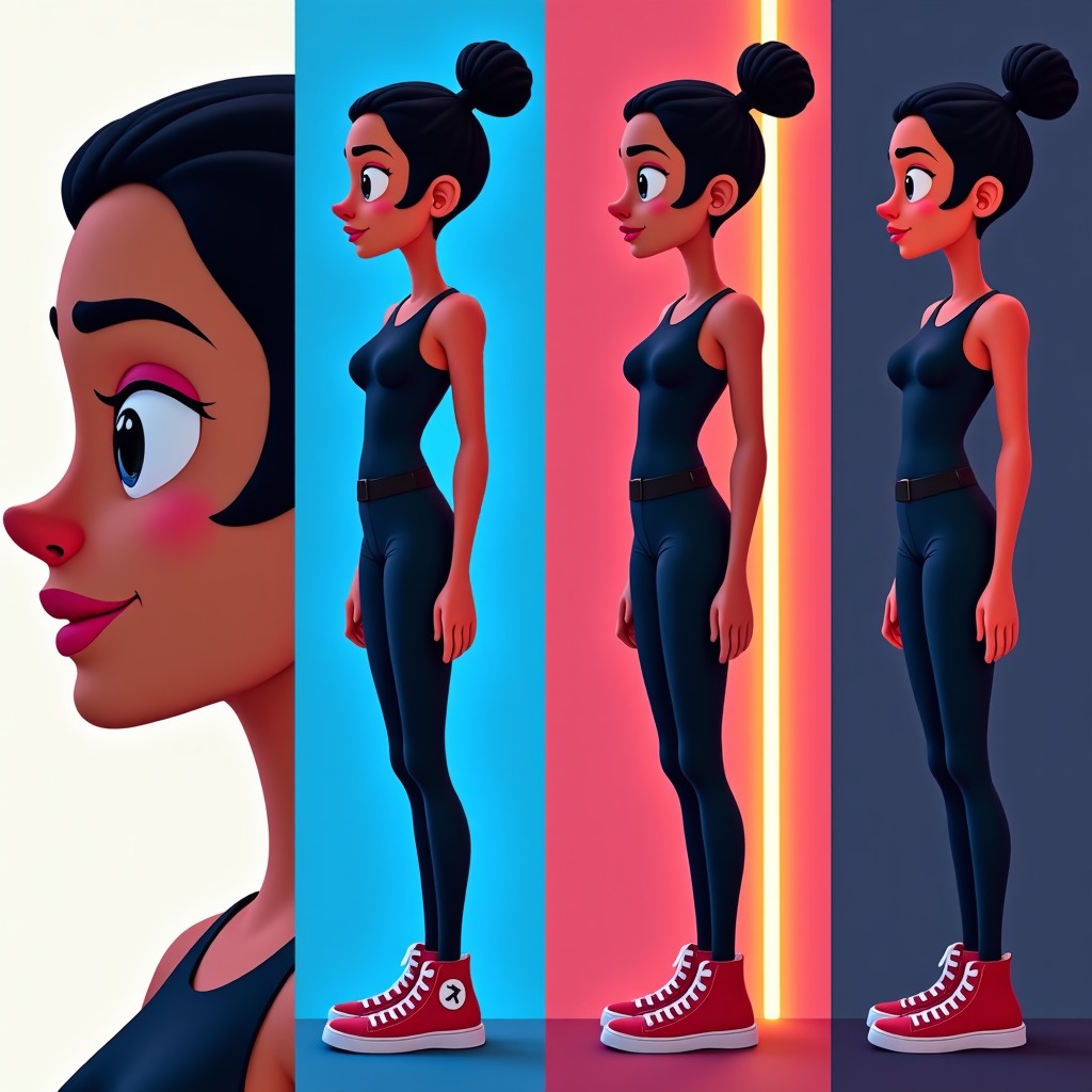 A split-screen comparison showing four different artistic styles of the same AI-generated character. One in 3D animation style, one in oil painting style, one in neon cyberpunk style, and one in sketch style. 4:3
