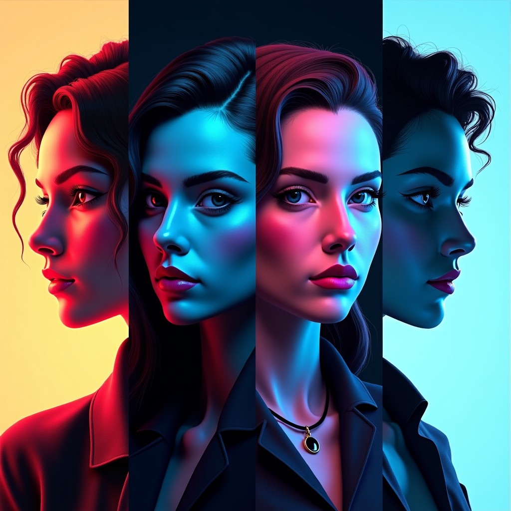 A split screen showing different artistic styles, oil painting, 3d render, pencil sketch, and neon cyberpunk, all generated by artificial intelligence, high contrast, artistic composition. 4:3