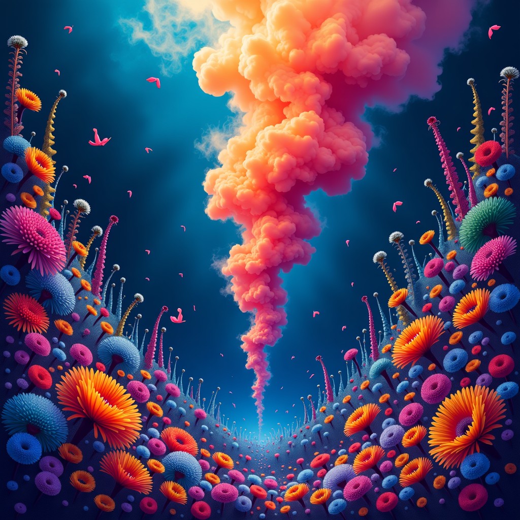 Abstract artistic visualization of colorful flora and fauna morphing into smoke and sea creatures, psychedelic colors, intricate details, high contrast, 4:3