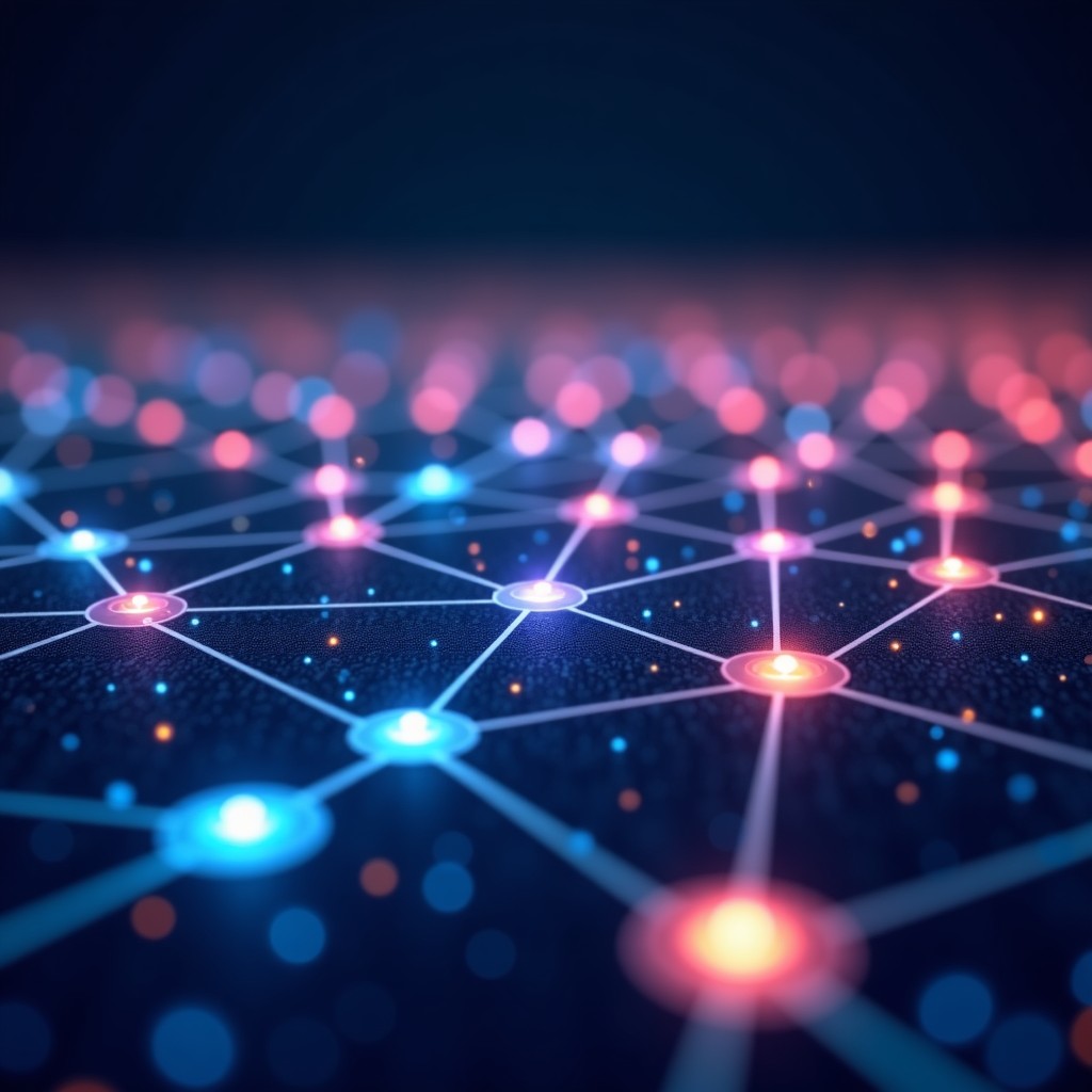 A wide view of various app icons connected by glowing lines in a digital space, clean high-tech illustration, textured background, 4:3