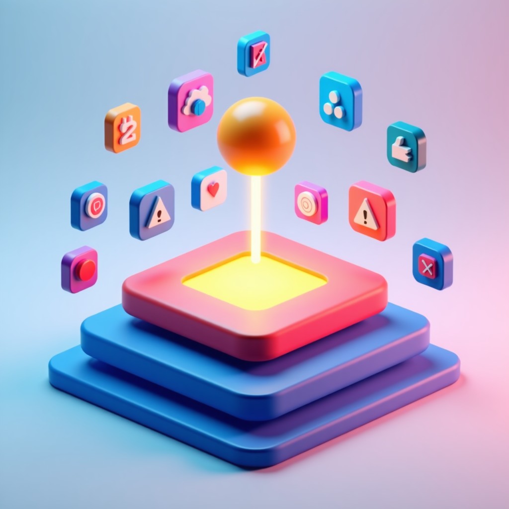 An infographic style 3D render showing a central AI platform layer interacting with floating icons of various work tools. Vibrant colors, clean background, balanced composition, 4:3 aspect ratio. NO TEXT.