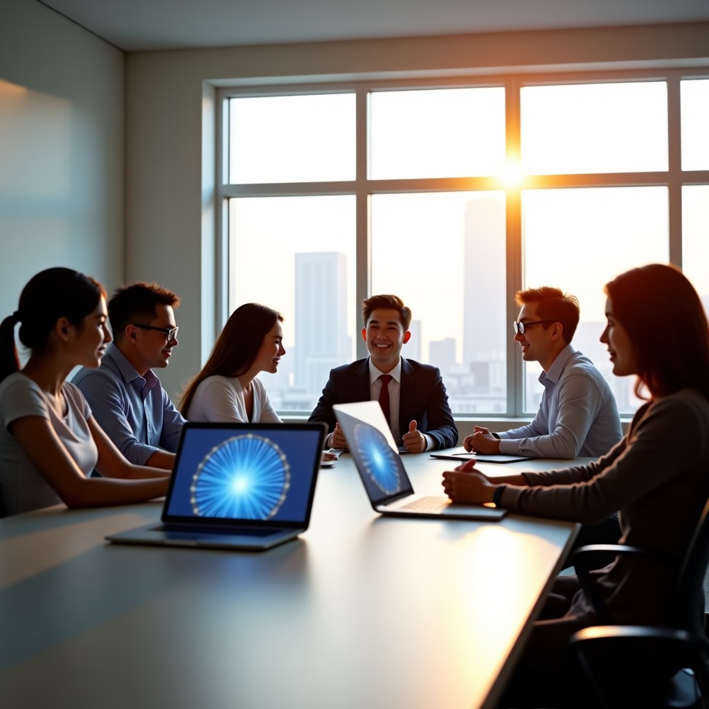 A diverse group of South Korean professionals in a modern meeting room, collaborating with holographic AI displays, natural expressions, bright sunlight streaming through windows, professional and optimistic mood, 4:3
