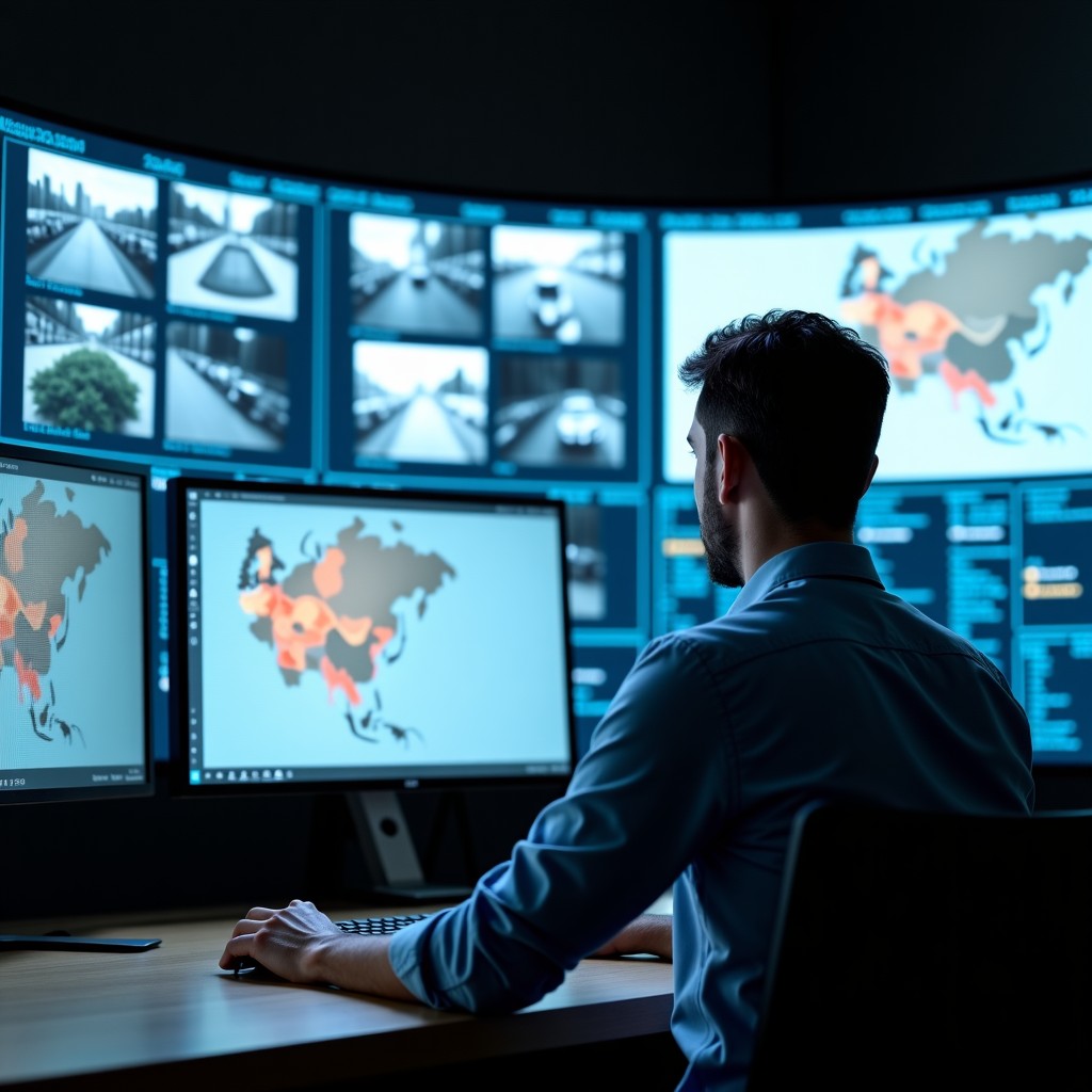 A specialist in a command center monitoring multiple video feeds on a large curved monitor. The interface shows heatmaps and tracking lines over the video footage. Natural lighting, professional setting. No text. 4:3