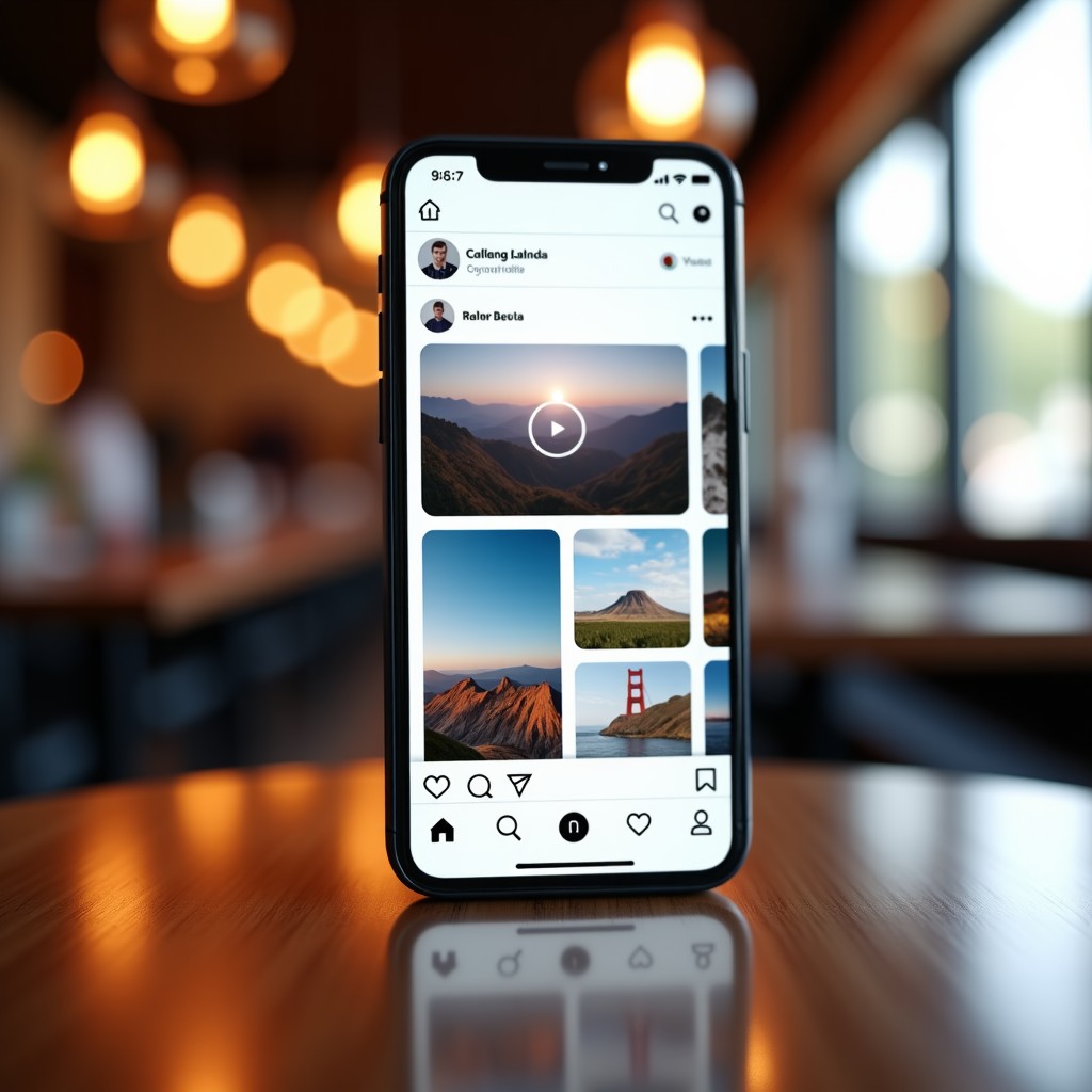 A clean and modern user interface of a social media app on a phone screen showing a vertical feed of various video thumbnails. Soft bokeh background of a trendy cafe. 4:3