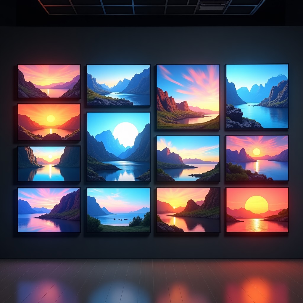 A diverse collection of AI generated digital art displayed on a wall-mounted digital gallery. The styles vary from photorealistic portraits to abstract landscapes and oil painting aesthetics. Vibrant colors and high detail are visible in each frame. 1:1