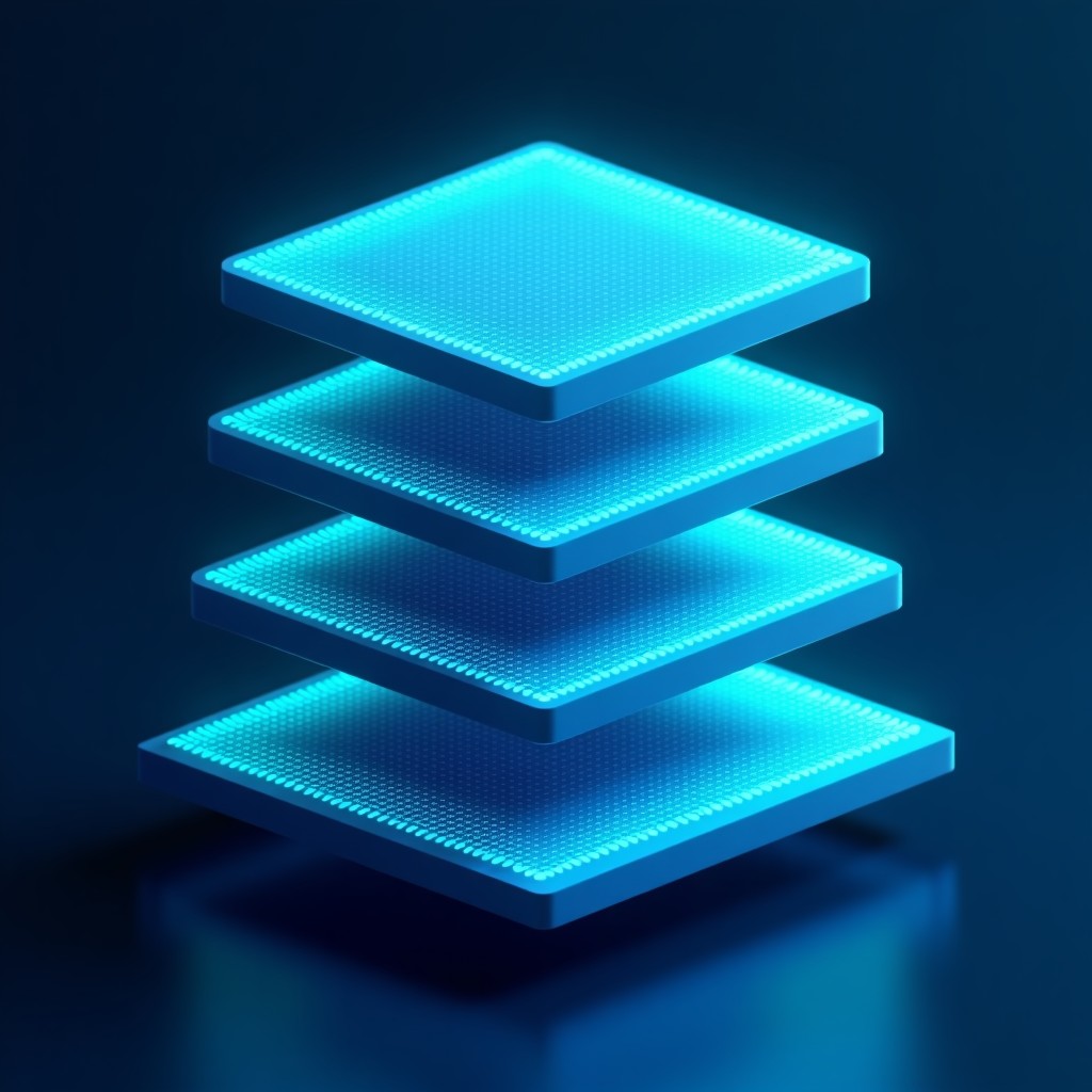 An artistic 3D rendering of floating digital layers representing different software versions. The layers are interconnected with glowing lines of data. High-tech aesthetic with a dark blue background and vibrant cyan highlights. No text. 1:1