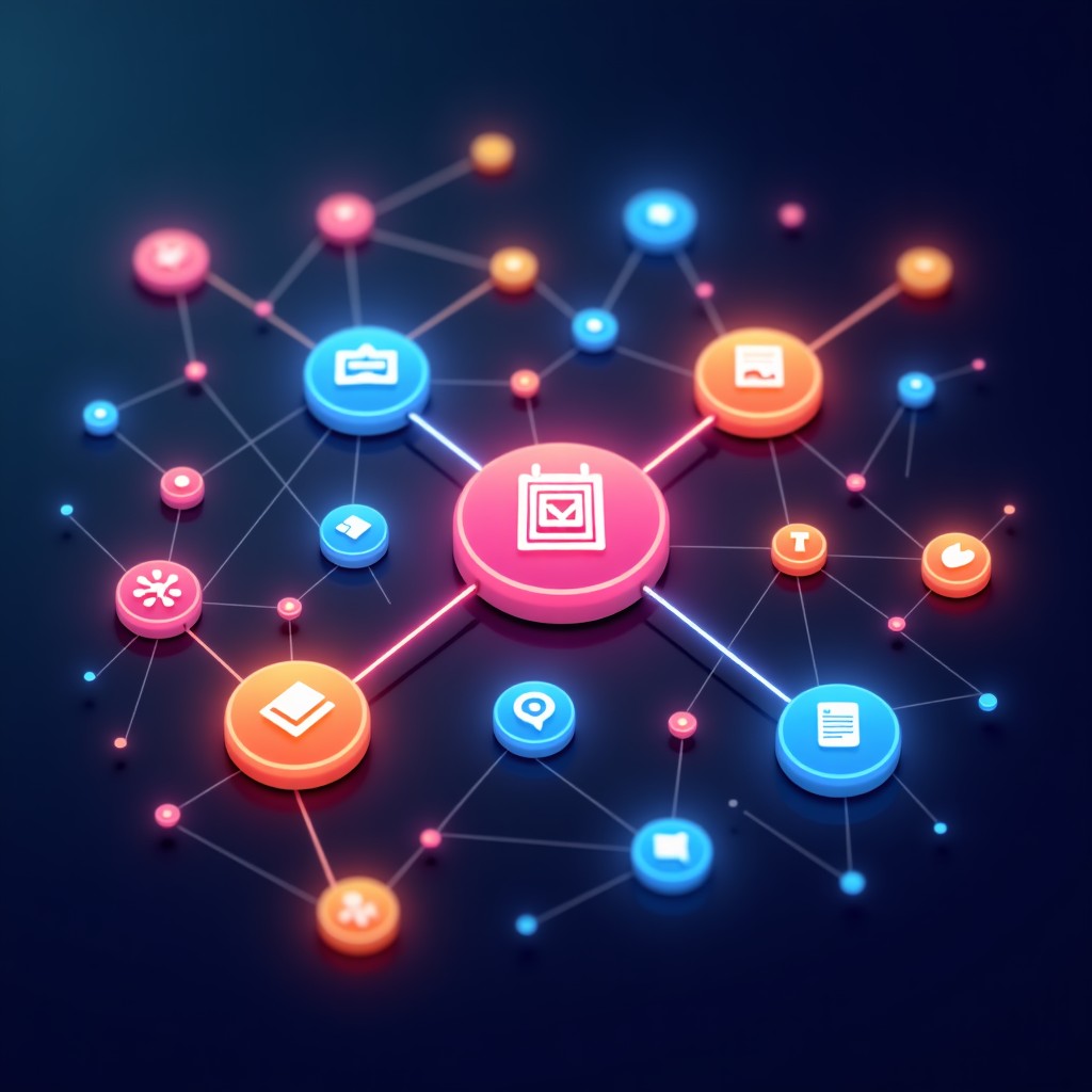 A modern digital workspace showing a vibrant network of glowing nodes and lines connecting various app icons like email, calendar, and spreadsheets. The background is a dark navy gradient with a high-tech feel. No text. 1:1