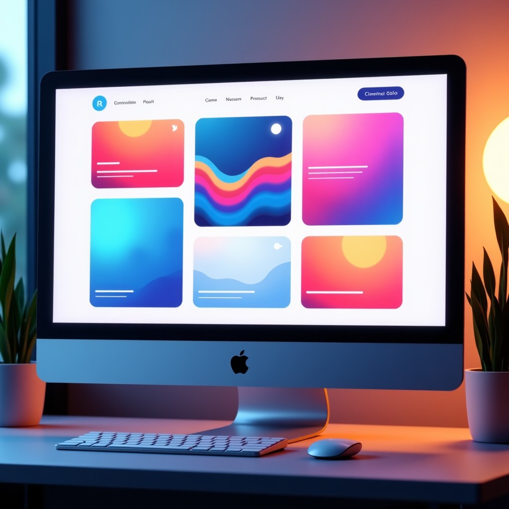 A large high-resolution computer monitor displaying multiple modern website layout templates with vibrant colors, a creative studio background with indoor plants and soft ambient lighting, clean infographic style, 4:3