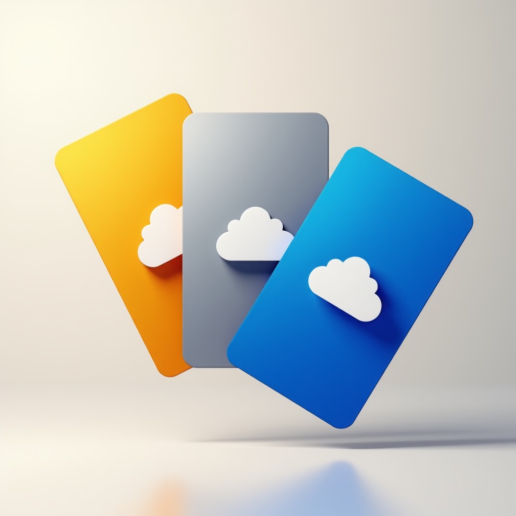 Multiple stylized digital subscription cards with different colors like gold silver and blue floating in a minimalist space. Each card has abstract icons representing AR features and cloud storage. Professional graphic design, 4:3