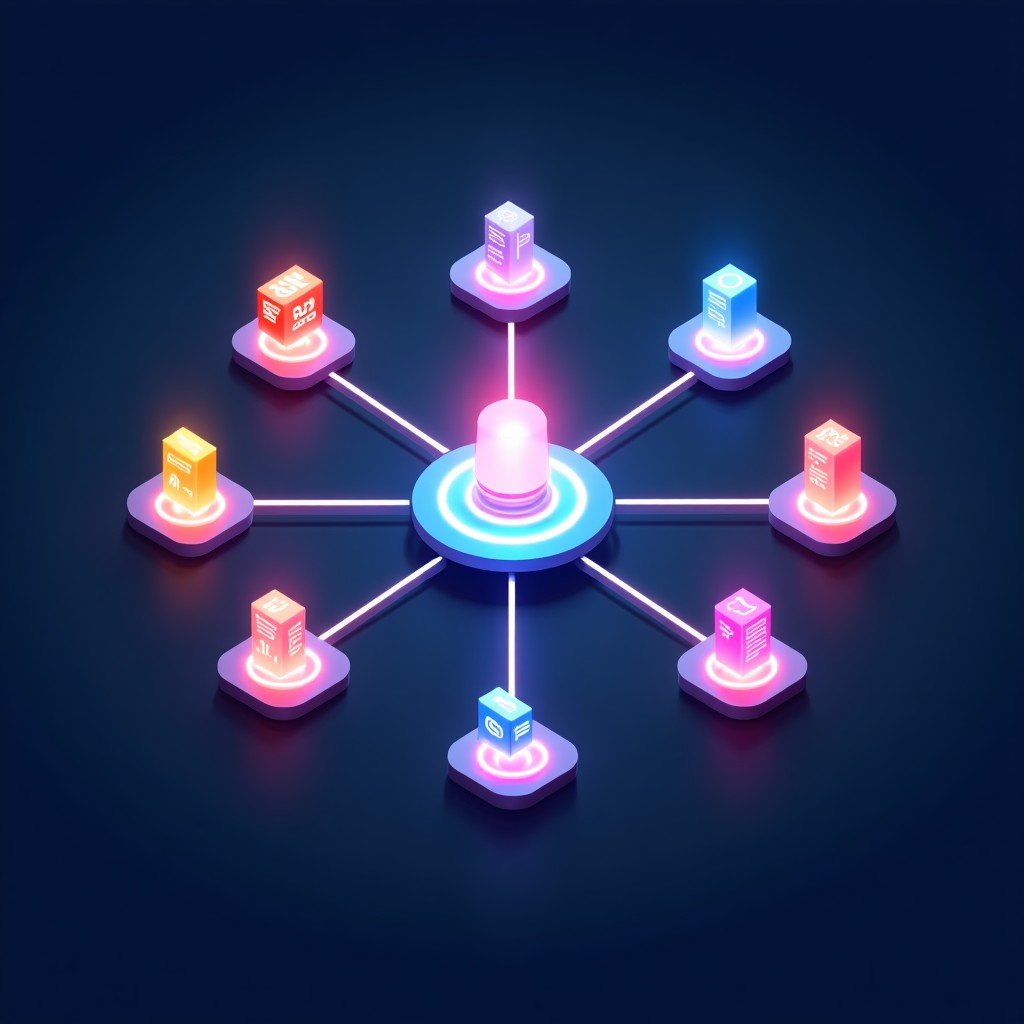 A sophisticated digital network connecting various colorful glowing icons representing different AI services like vision, text, and translation. The central hub is glowing brightly. Modern flat design with a dark blue gradient background. No text. 16:9