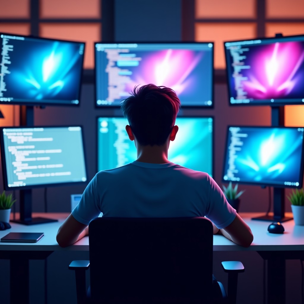 A professional developer looking at multiple monitors displaying different AI generated art styles and coding scripts in a clean modern office. 4:3