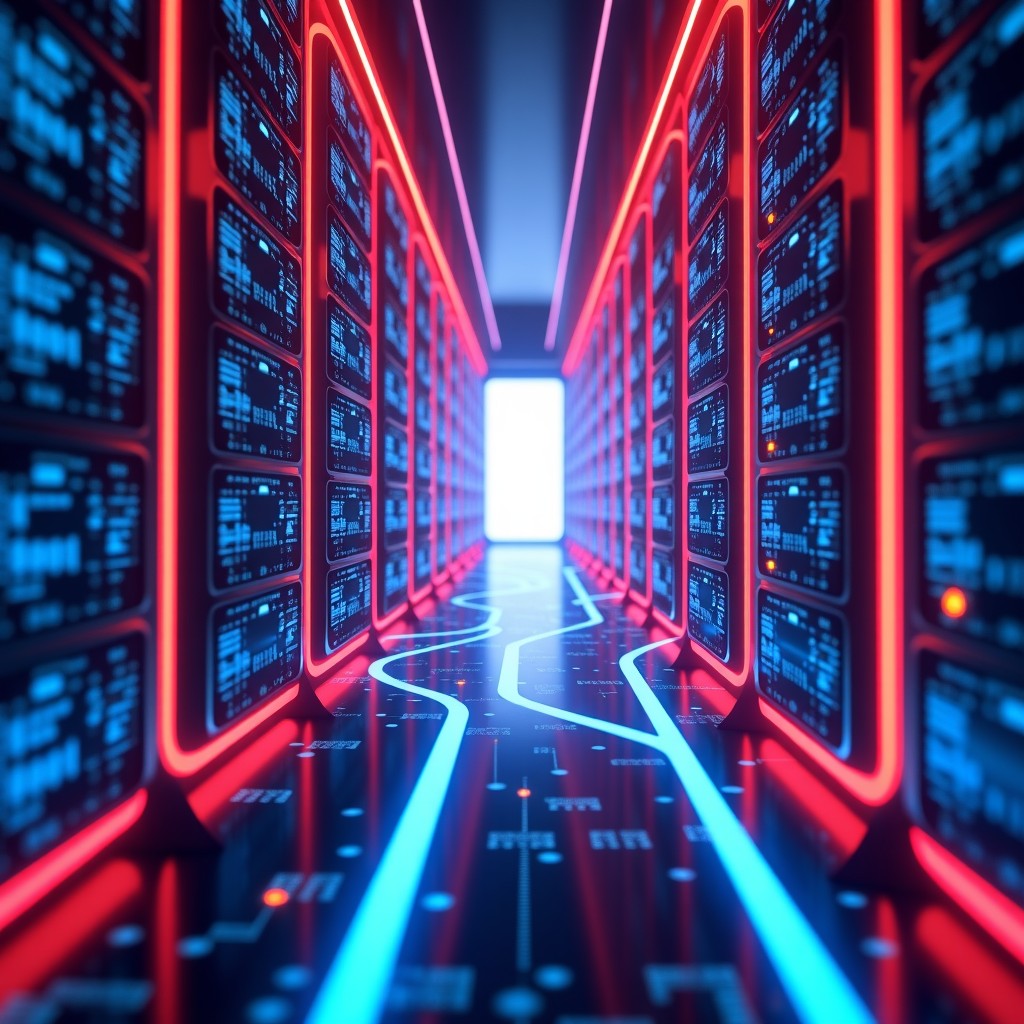 A vast futuristic data center with flowing neon light paths representing different AI algorithms competing in a digital landscape. 4:3