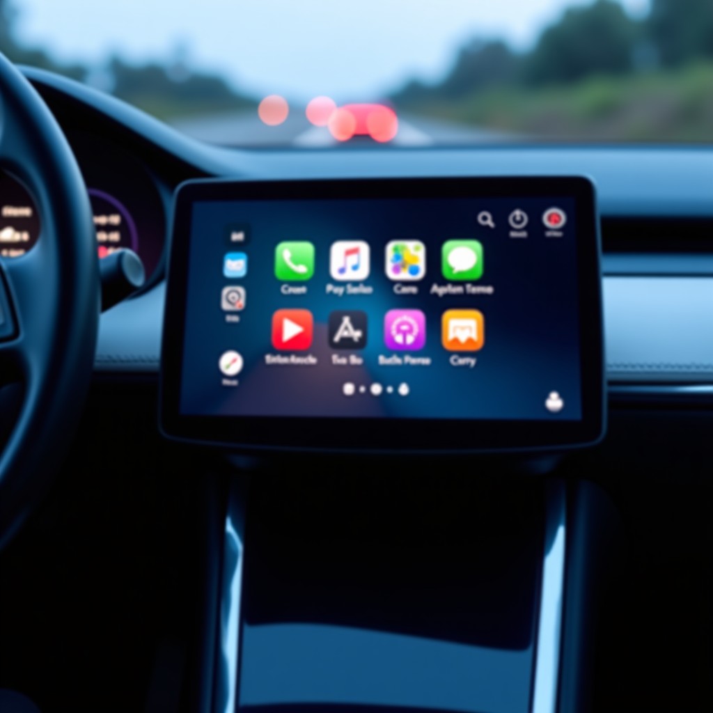 Modern car dashboard with a sleek design and digital displays showing various third-party AI app icons, evening atmosphere with soft blue glow, professional photography, 4:3