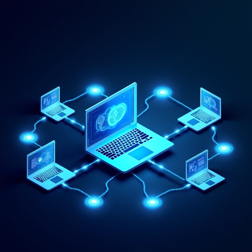 Concept of artificial intelligence running on various devices like laptops and tablets, glowing neural lines connecting devices, dark background with blue accents, 4:3