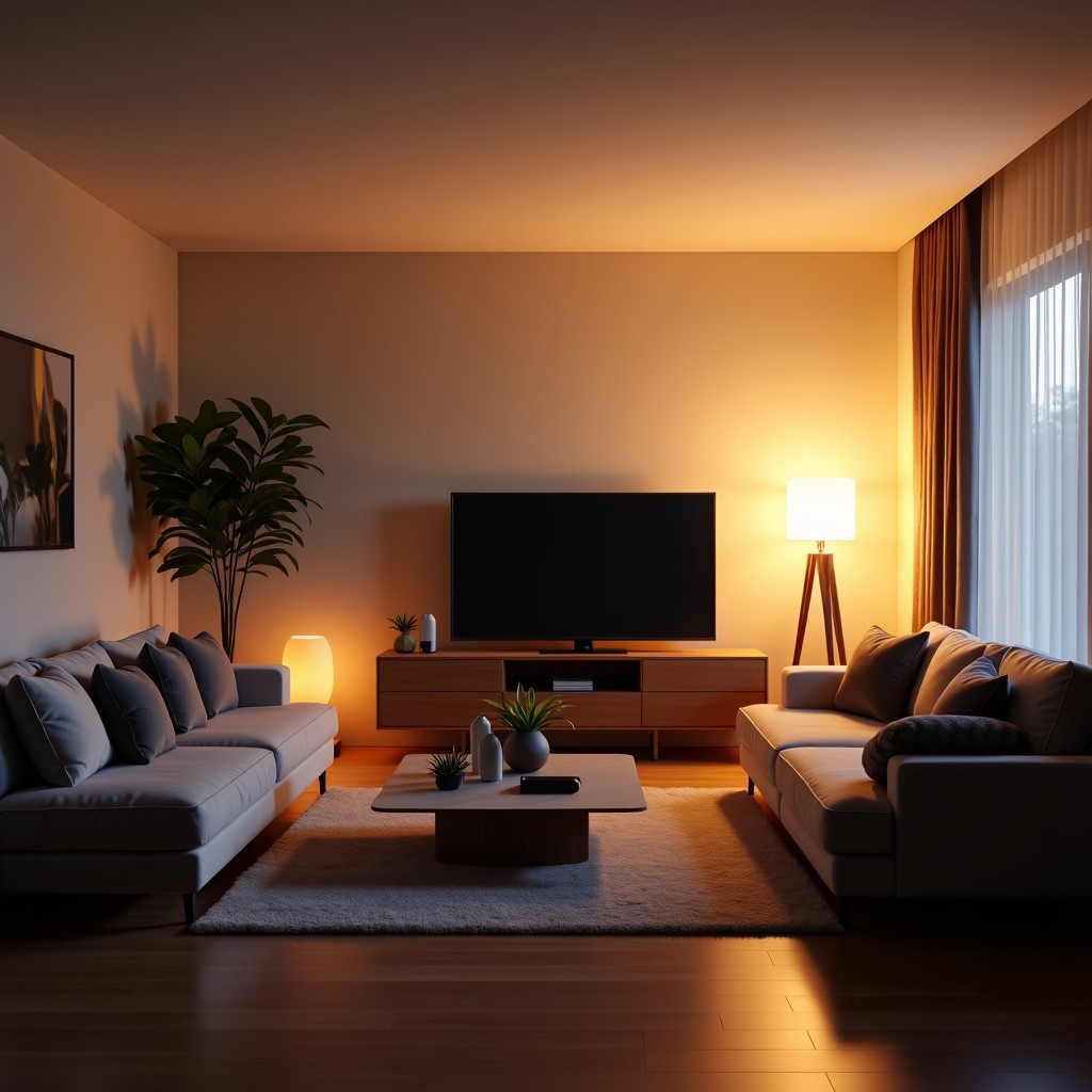 A wide angle view of a modern living room showing various smart devices connected seamlessly in a warm evening setting 4:3