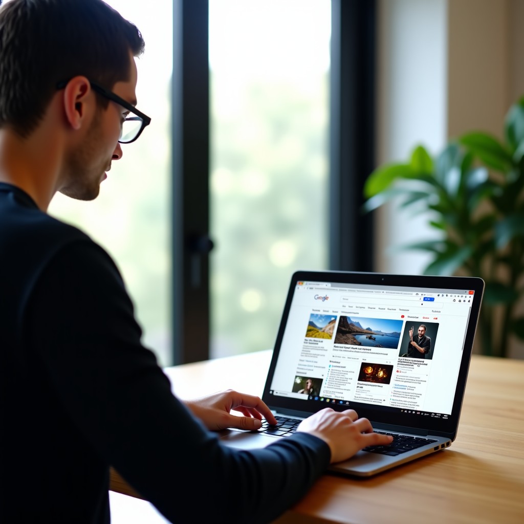 A person using a high-end laptop in a bright, modern minimalist living room. The screen shows a sophisticated search engine interface with diverse content types like text summaries and images. Soft natural lighting, realistic atmosphere. 4:3