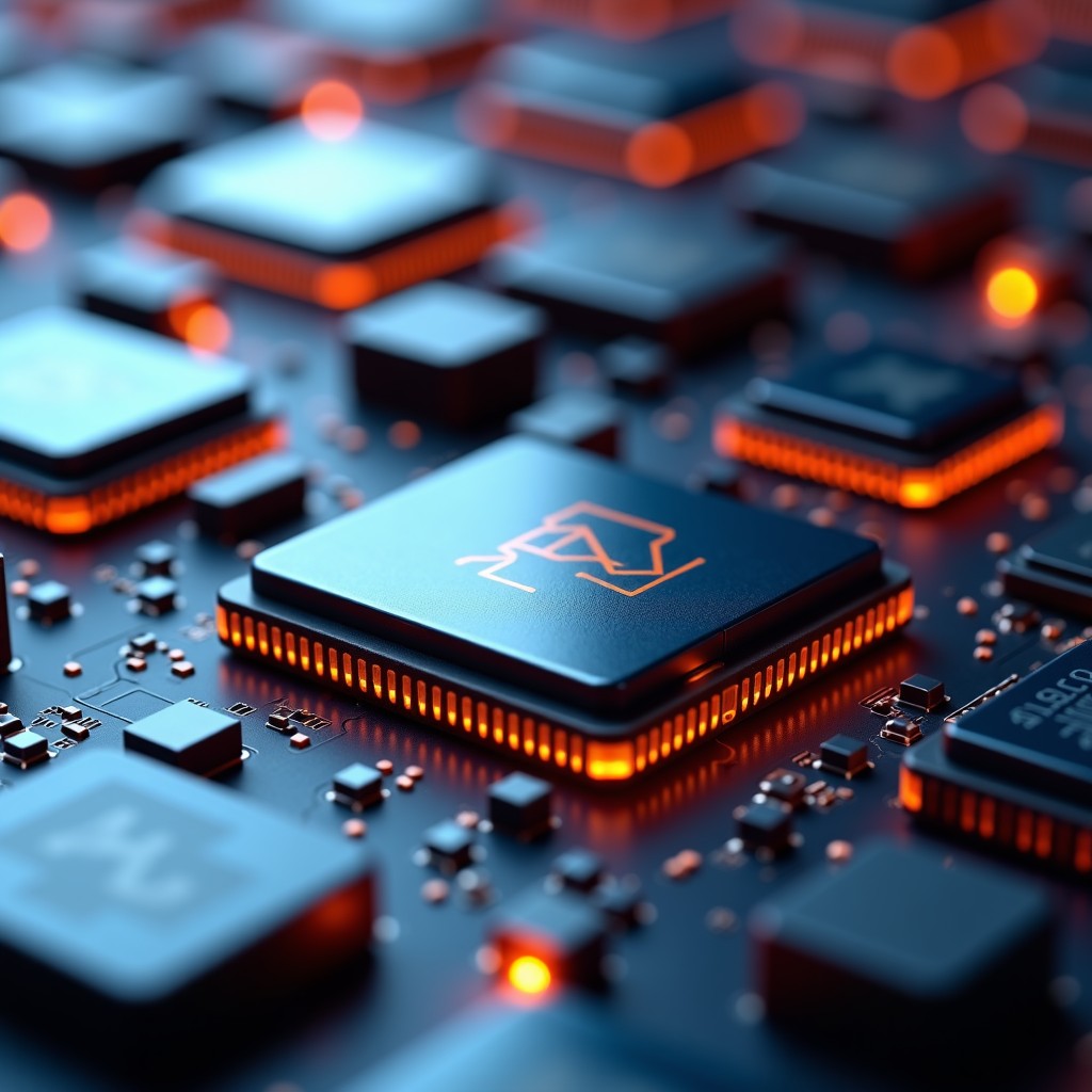 Close-up of various high-performance AI microchips and processors arranged on a futuristic circuit board. Metallic textures, glowing accents, sharp focus. 4:3