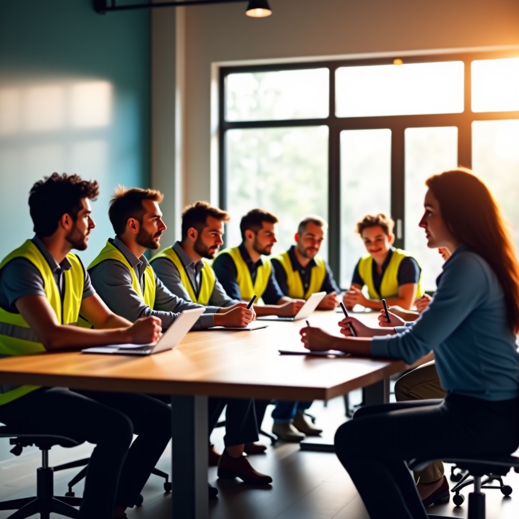 A diverse group of workers including a warehouse employee in a safety vest and a tech professional in business casual sitting together at a large table discussing papers in a sunlit community hall. 4:3