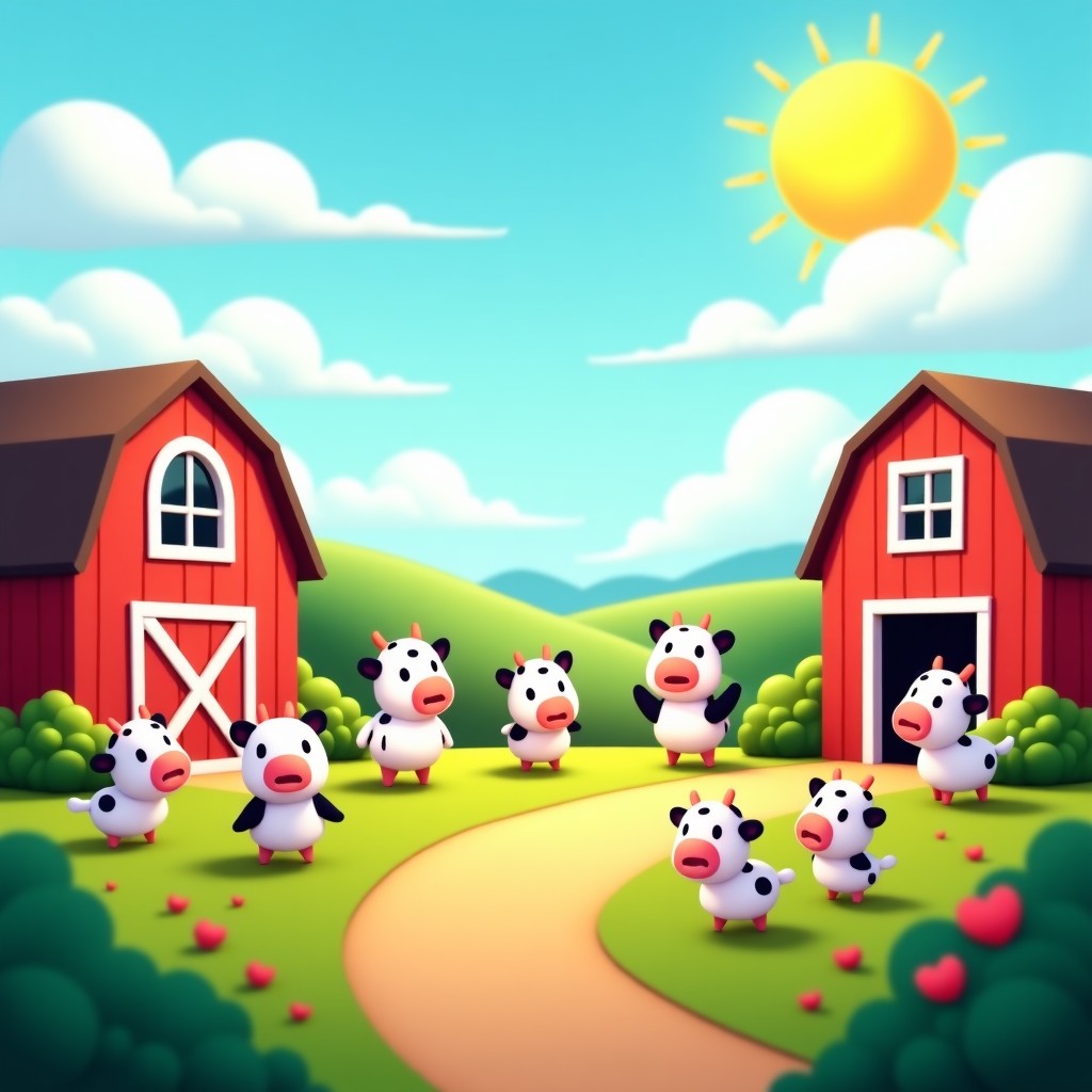 14 diverse cute characters and farm items having fun at a sunny farm, consistent character design for all elements, joyful atmosphere, detailed country scenery, 16:9