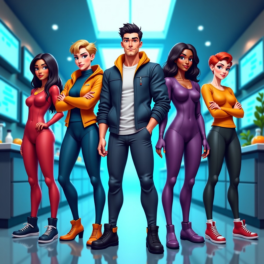 A group of five diverse characters wearing futuristic outfits standing together in a high-tech lab, consistent artistic style, vibrant colors, detailed facial expressions, 4:3