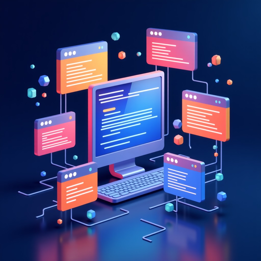 A conceptual illustration showing various modern software development tools and code editor interfaces floating in a digital space. The background is a dark blue gradient with glowing circuitry lines. Vibrant colors and high contrast. No text. 4:3