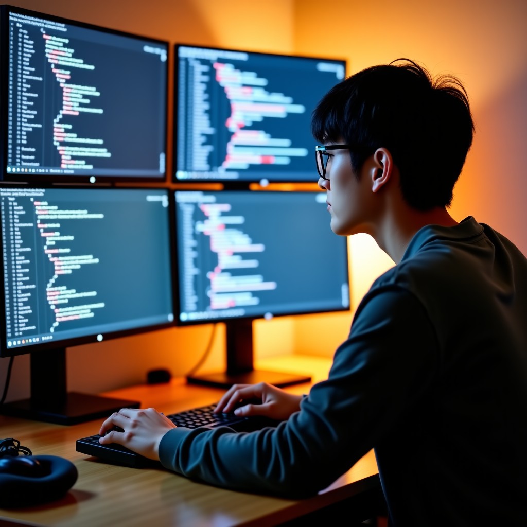 A Korean software engineer focused on screen, working with multiple monitors displaying complex code architecture, warm and natural indoor lighting, lifestyle photography style. 4:3