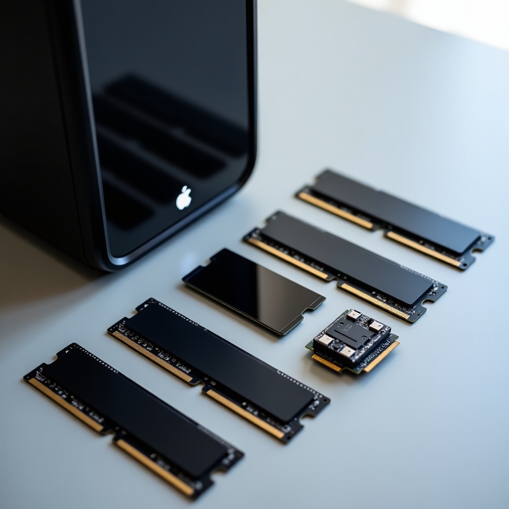A collection of PC components including an NVMe SSD, RAM sticks, and a small motherboard laid out on a clean gray surface. The arrangement is neat and organized like a tech review setup. Balanced bright lighting with a soft depth of field. Professional tech product photography. 4:3
