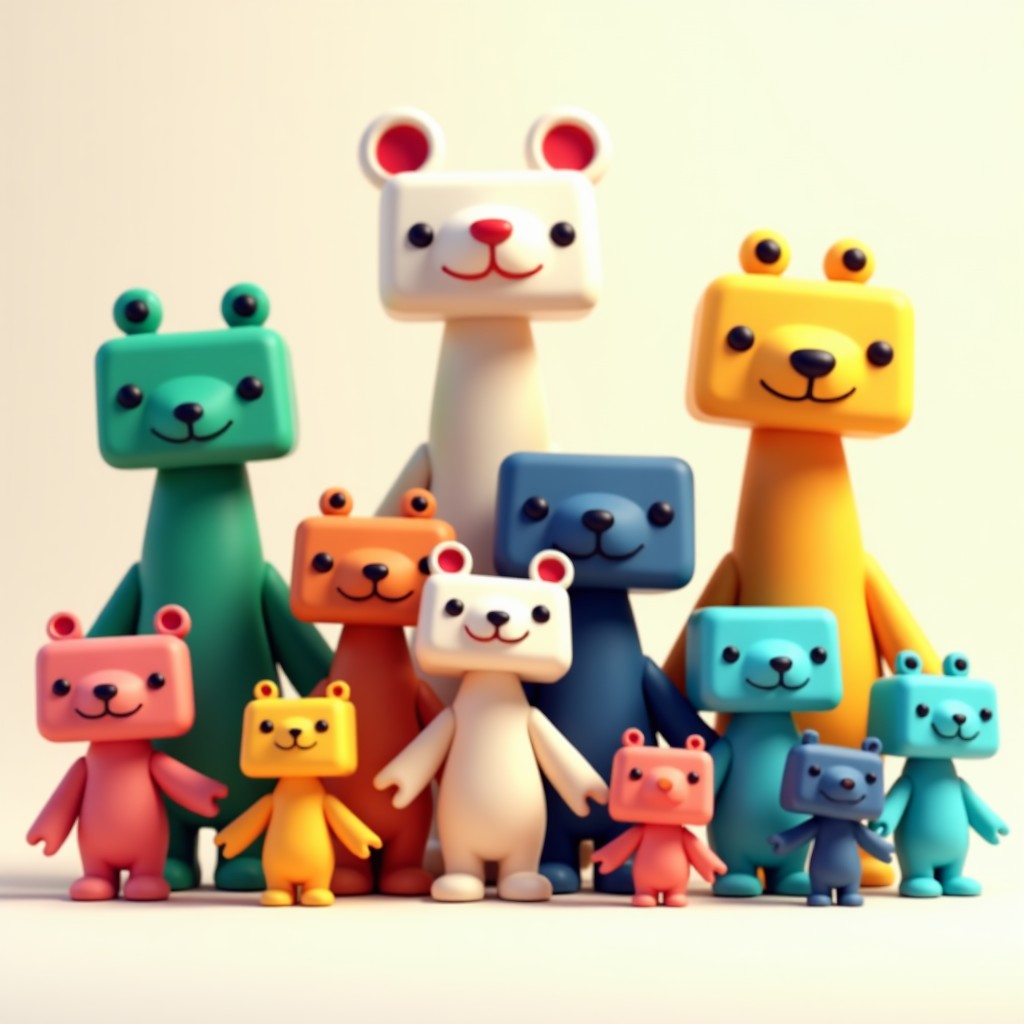 A collection of diverse blocky creatures with different limb arrangements and colors. They are shown in a clean, laboratory-like digital environment for comparison. Modern layout, 4:3