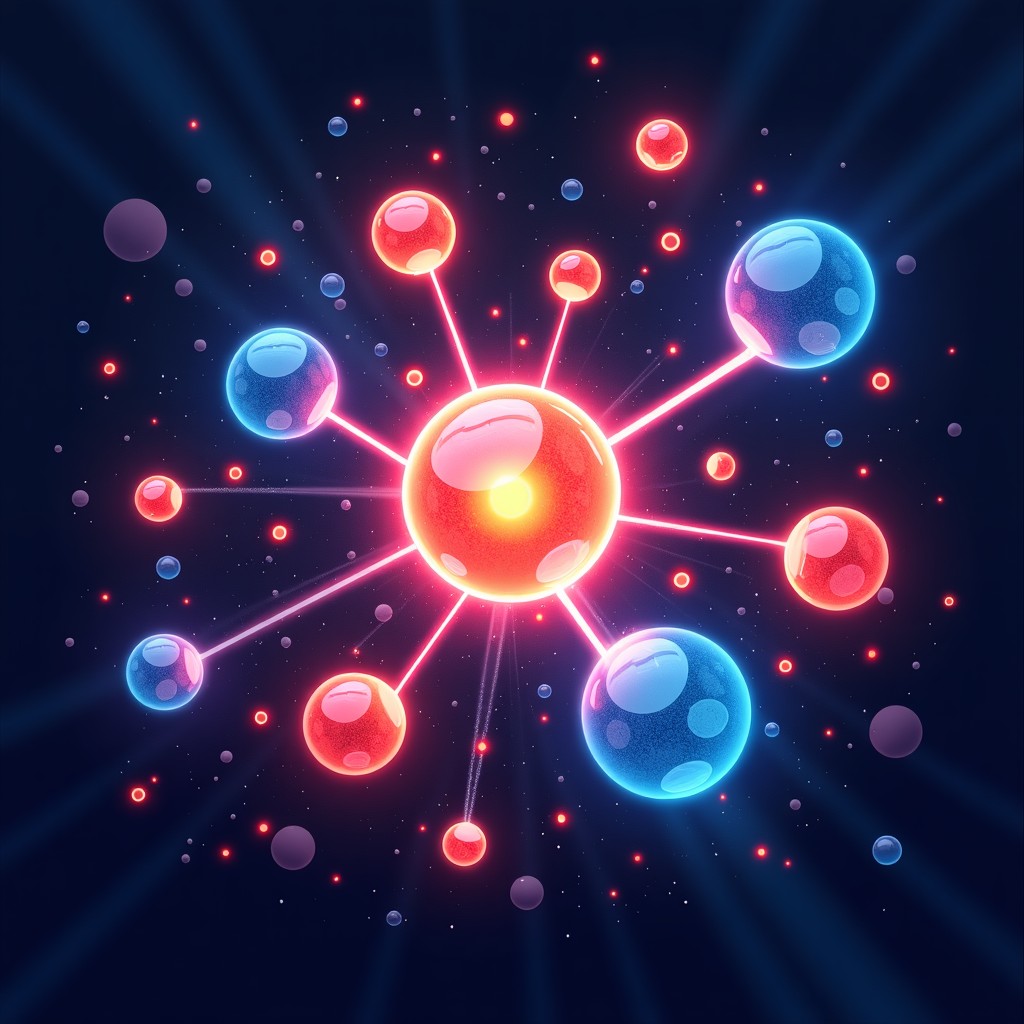 An abstract and artistic rendering of various glowing orbs representing different AI models like GPT, Claude, and Gemini working together inside a central core. The composition is dynamic and full of energy with a textured dark background. Vibrant colors but professional look. 4:3