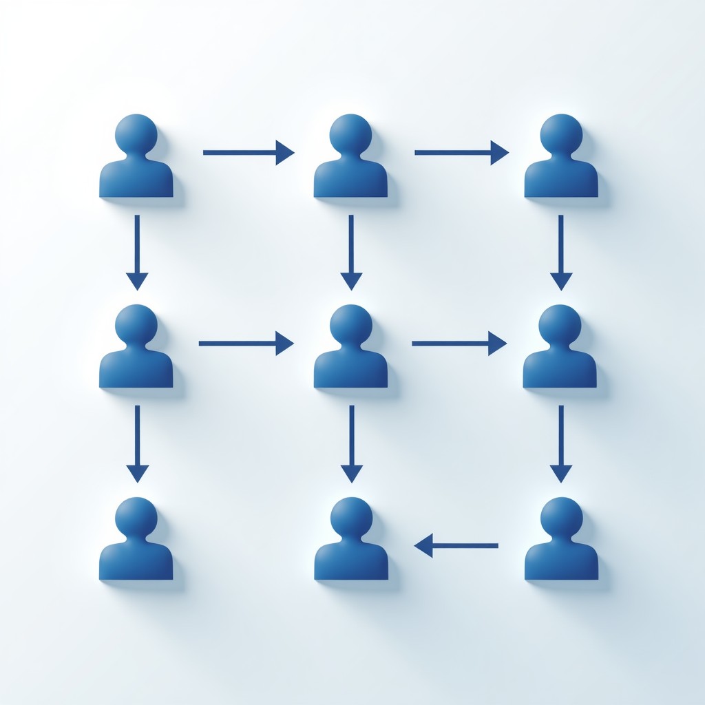 A clean and modern digital interface showing a step-by-step workflow orchestration for a corporate project. Icons representing AI agents and human workers are linked by logical paths. Professional UI design with a soft color palette. 4:3