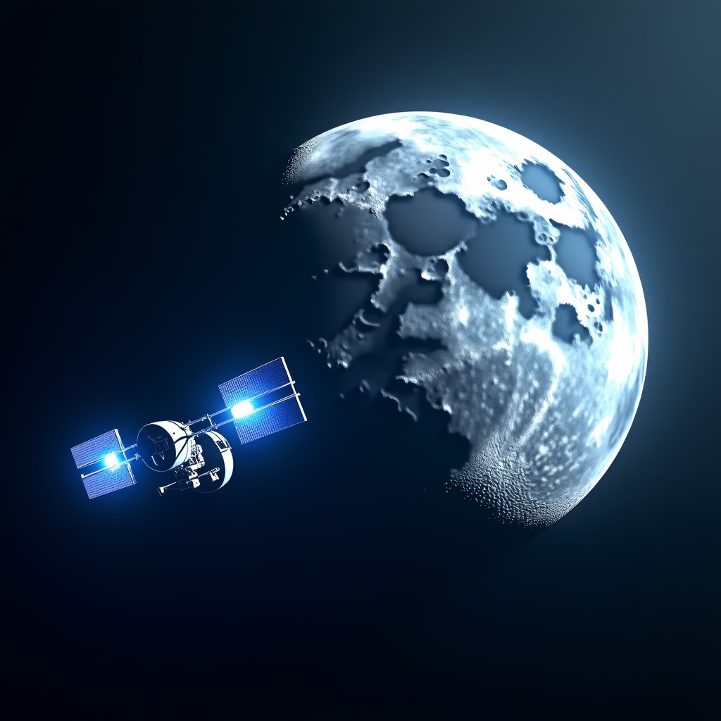 Advanced AI satellites with glowing blue lights orbiting the moon, realistic space photography style, high detail, 4:3