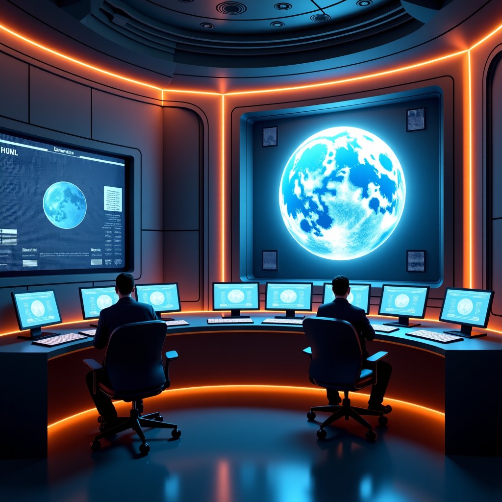Futuristic control room with holographic moon maps and data streams, high-tech interior, warm lighting, focused composition, 4:3