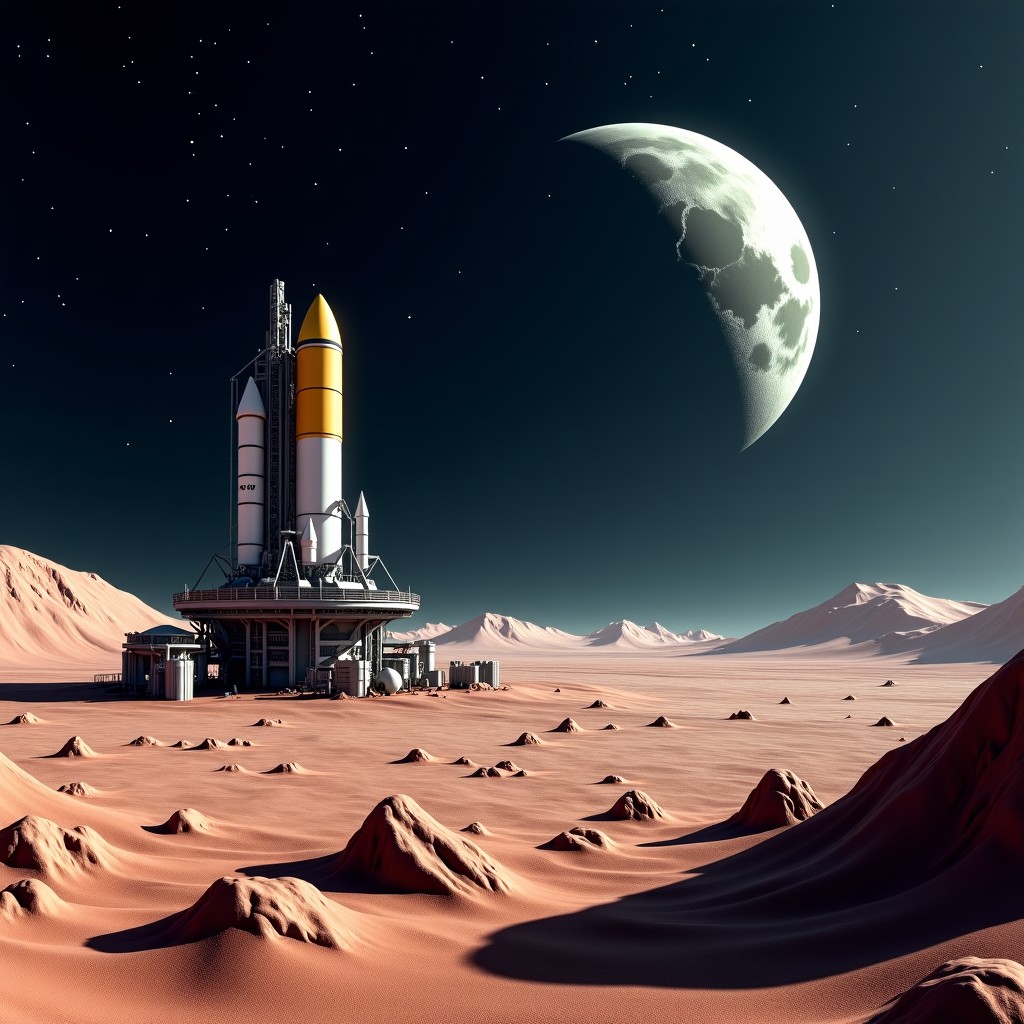 Cinematic view of a futuristic automated manufacturing facility on the dusty lunar surface under a black star-filled sky, large catapult mechanism visible, high contrast, visually rich, 4:3