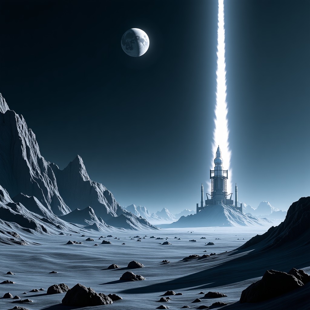 A high-tech automated factory on the lunar surface with robotic arms assembling satellites and a massive electromagnetic launch track leading into the black sky, cinematic lighting, 4:3