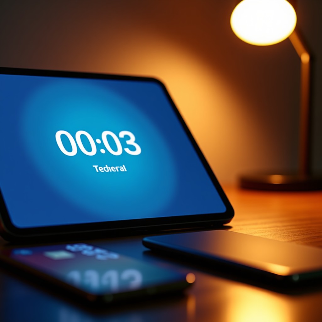 A close-up of a stylish desk with a digital tablet displaying a countdown timer to a tech event, a sleek smartphone, and a credit card, emphasizing a limited-time discount offer with warm, professional lighting. 4:3