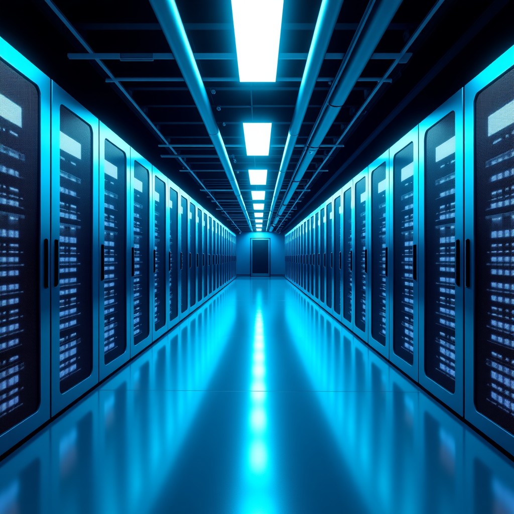 A massive modern data center interior with endless rows of glowing server racks. Cooling systems and heavy-duty power cables visible. High-tech atmosphere with blue and cyan lighting. Realistic photography style. 1:1