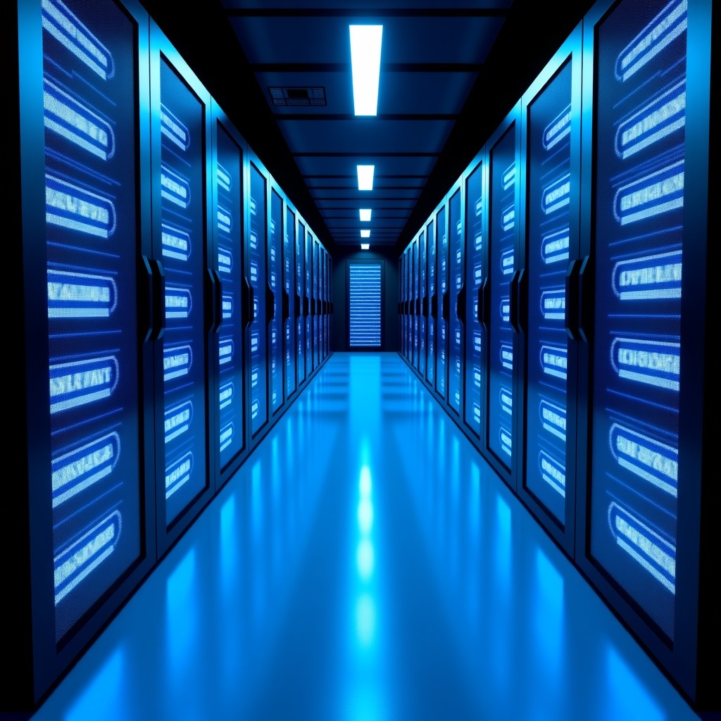 A high-tech data center with glowing blue lights on server racks, representing cloud computing and massive data storage, modern and clean aesthetic, high contrast, wide angle, 4:3