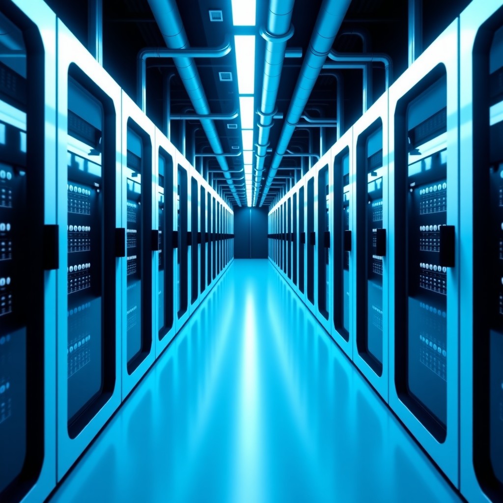 Inside a massive, high-tech AI data center with rows of glowing server racks and advanced cooling systems. The lighting is crisp white and neon blue, highlighting the scale of the infrastructure. No people are visible. The focus is on the repetitive perspective of the hardware. 4:3