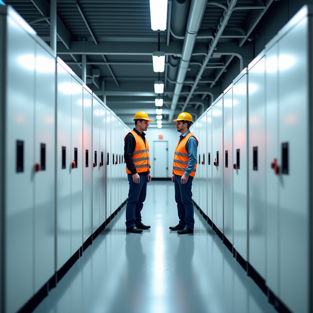 Rows of large white industrial battery storage units in a clean facility, two professional engineers in safety vests inspecting the equipment, high contrast, 4:3
