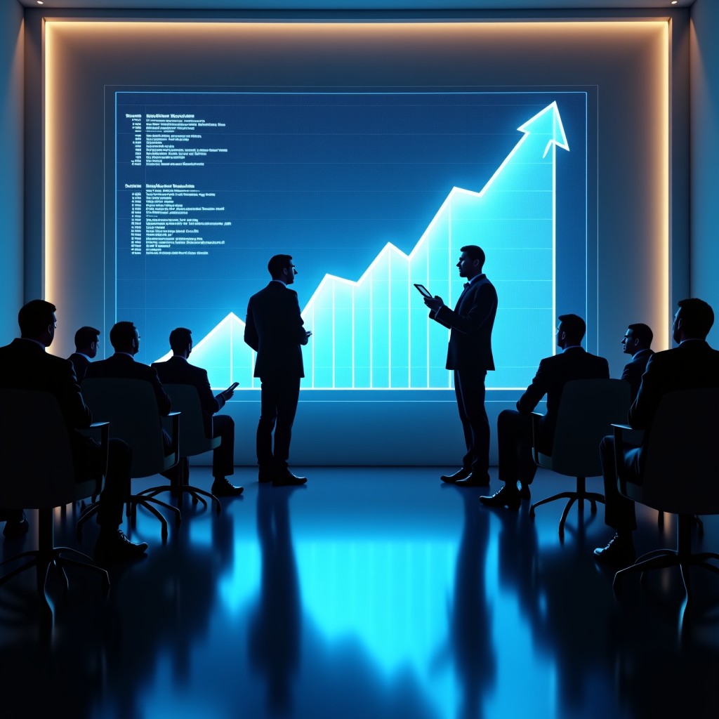 Professional business leaders in a high-end modern boardroom looking at a large holographic display showing exponential growth charts, sophisticated atmosphere, 4:3